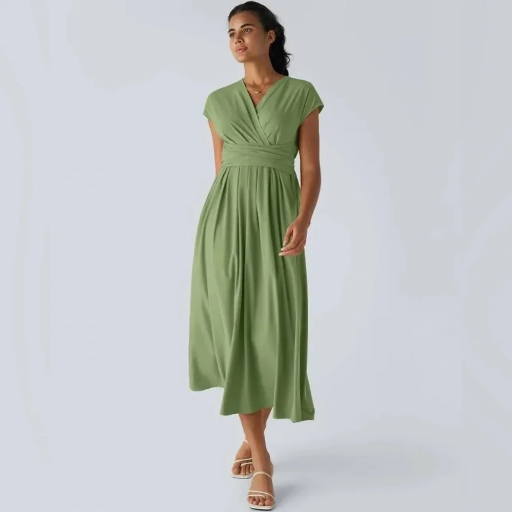 Halara Breezeful Short Sleeve Pocket Tie Back Quick Dry Midi Dress wasabi green - Picture 1 of 9